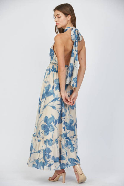 FLORAL PRINT TIE BACK HALTER NECKLINE MAXI DRESS