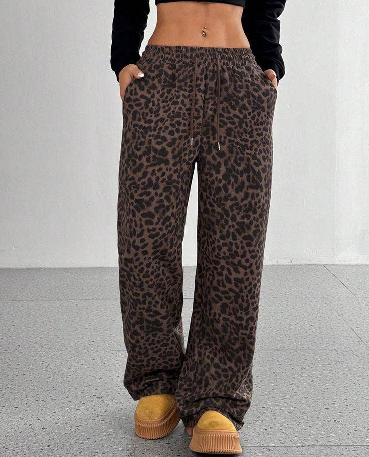 Casual Drawstring Leopard Print Wide-Leg Pants