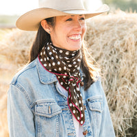 Brown polka dot/red border scarf