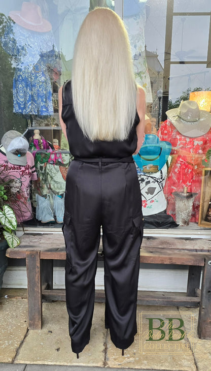 Black satin jumper with gold belt