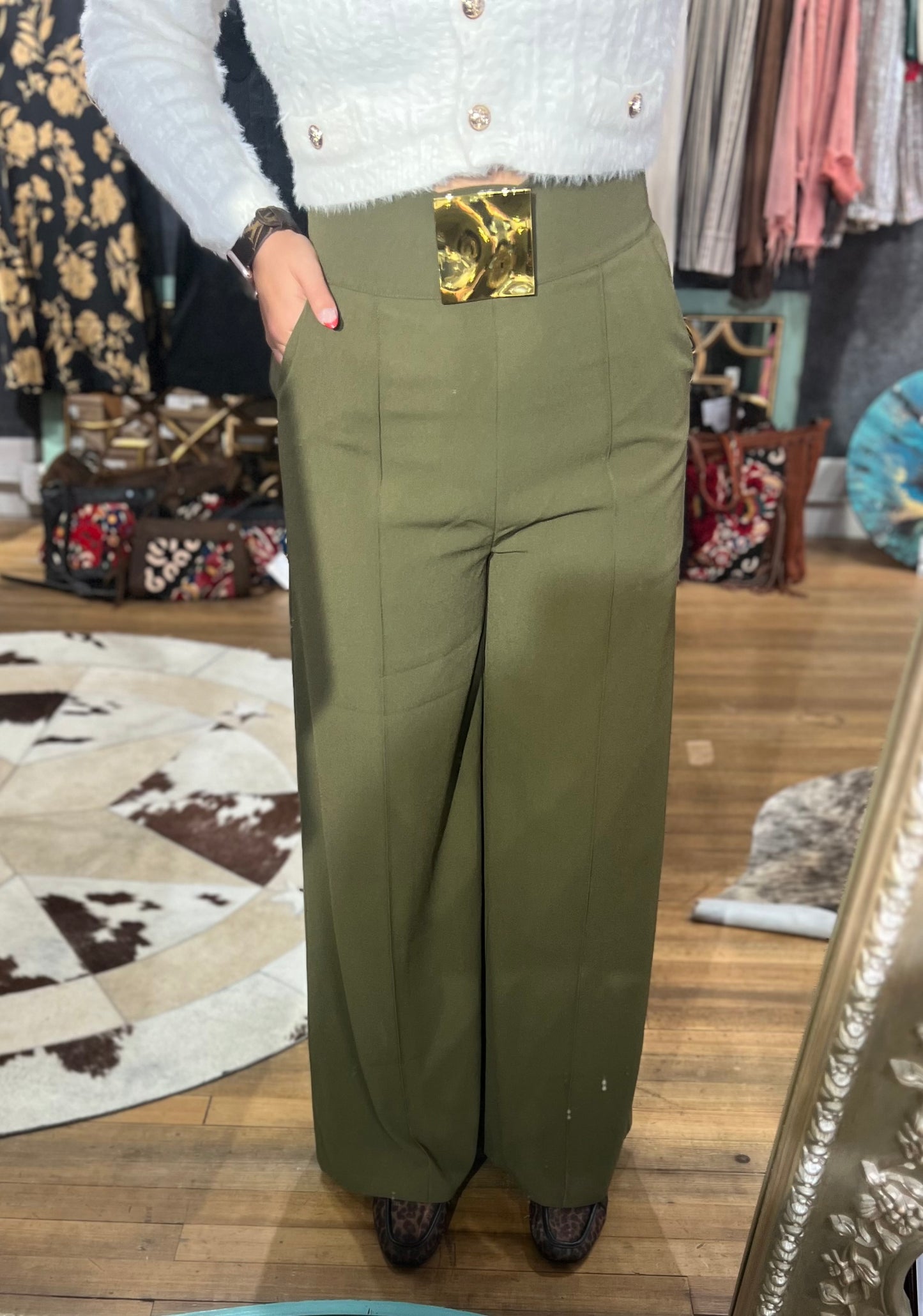 Olive green pleated pants