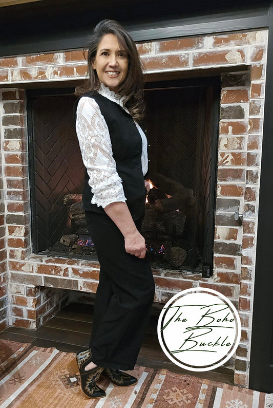 Black Denim Sleeveless Vest and Wide-Leg Pants Set