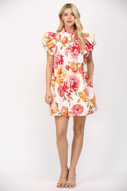 PINTUCK DETAILED RUFFLE SLEEVE MINI DRESS