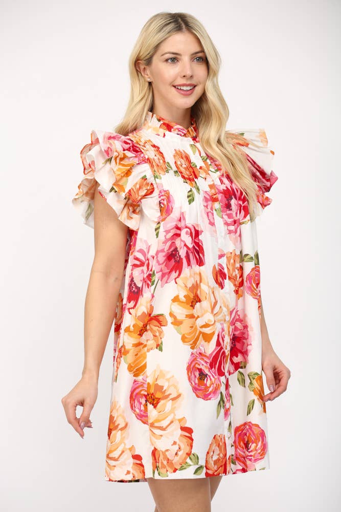 PINTUCK DETAILED RUFFLE SLEEVE MINI DRESS