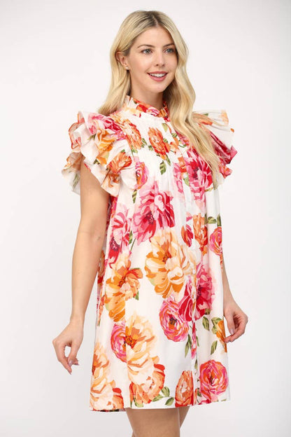 PINTUCK DETAILED RUFFLE SLEEVE MINI DRESS