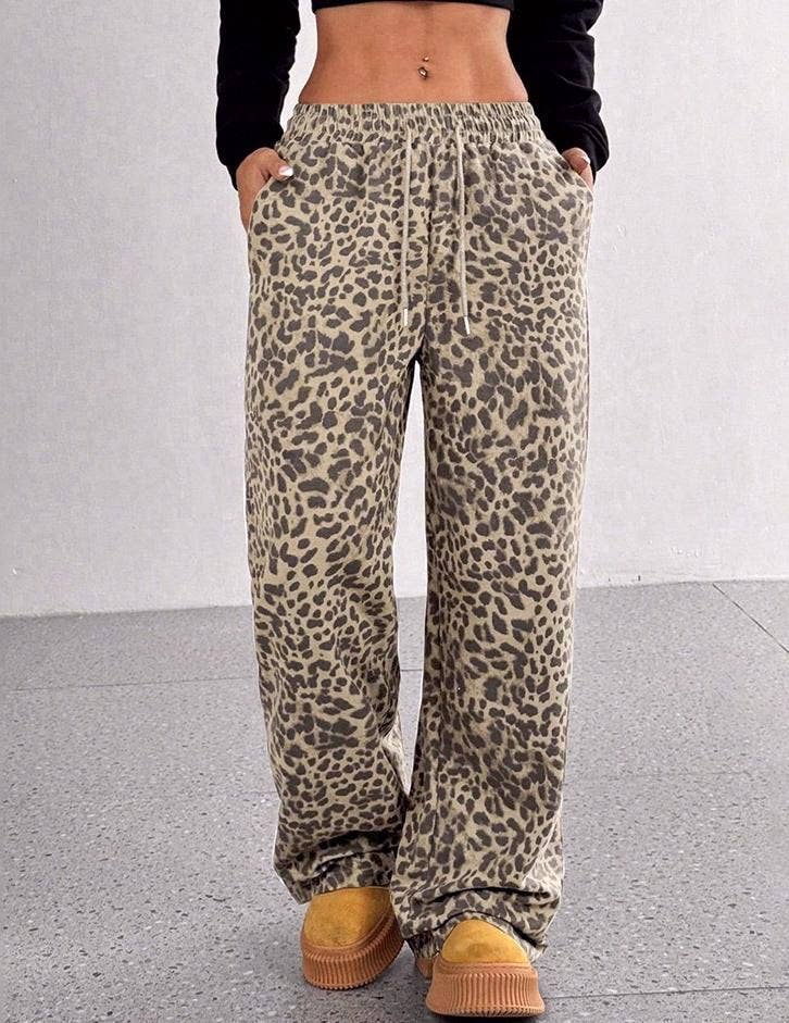 Casual Drawstring Leopard Print Wide-Leg Pants
