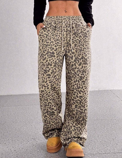 Casual Drawstring Leopard Print Wide-Leg Pants