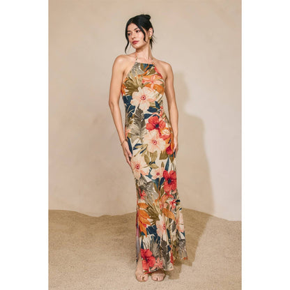 Countryside Bird Halter Neck Open Back Maxi Dress