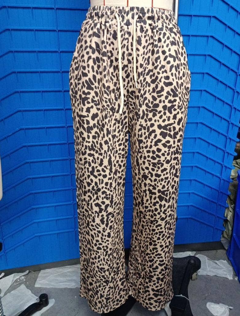Casual Drawstring Leopard Print Wide-Leg Pants