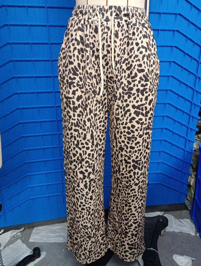 Casual Drawstring Leopard Print Wide-Leg Pants