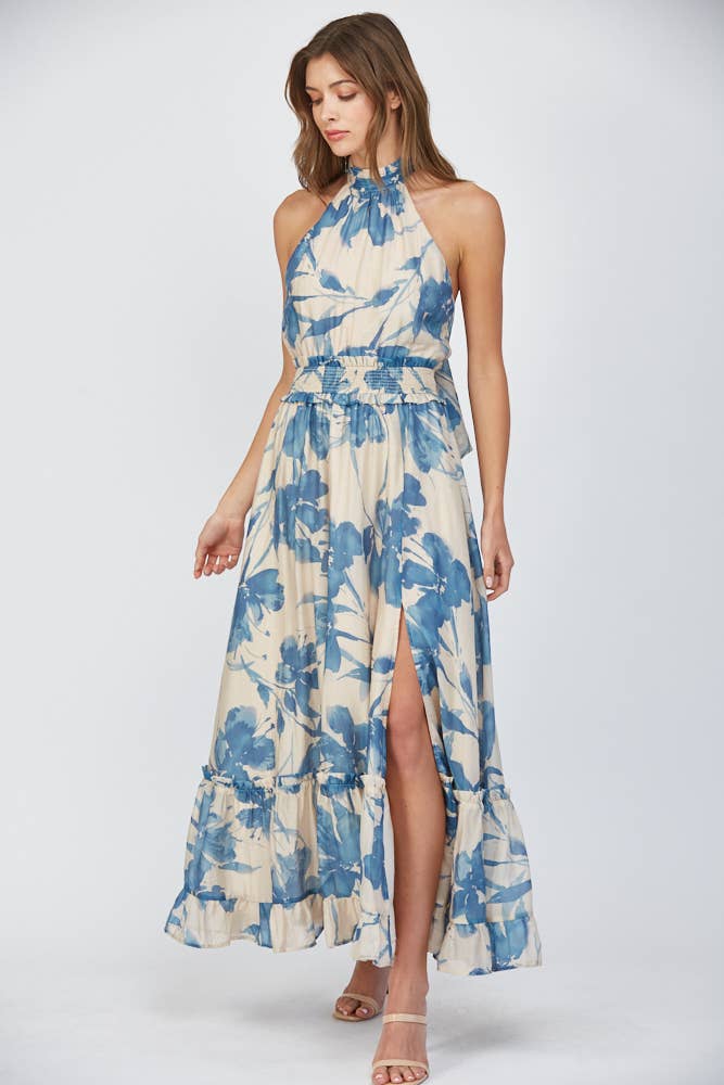 FLORAL PRINT TIE BACK HALTER NECKLINE MAXI DRESS