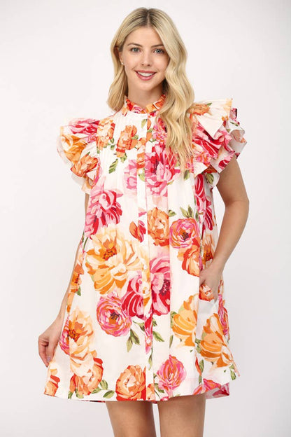 PINTUCK DETAILED RUFFLE SLEEVE MINI DRESS