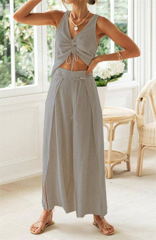 Drawstring short-sleeved top wide-leg pant suit
