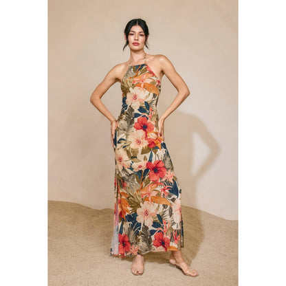 Countryside Bird Halter Neck Open Back Maxi Dress