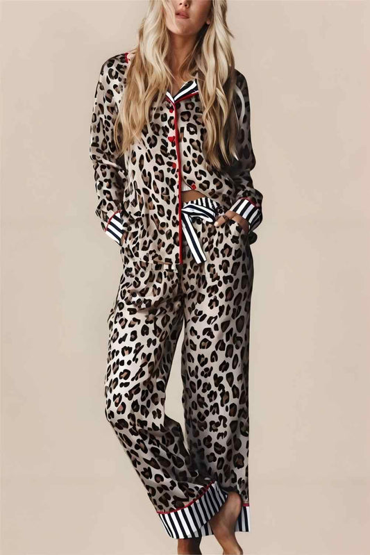 Leopard Striped Edge Shirt and Pants Pajama Set