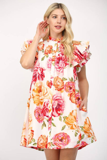 PINTUCK DETAILED RUFFLE SLEEVE MINI DRESS