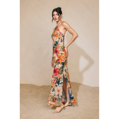 Countryside Bird Halter Neck Open Back Maxi Dress