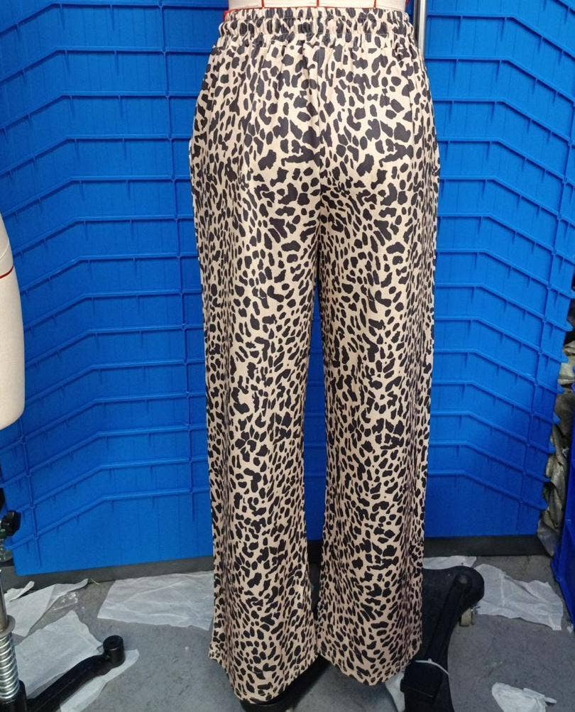 Casual Drawstring Leopard Print Wide-Leg Pants