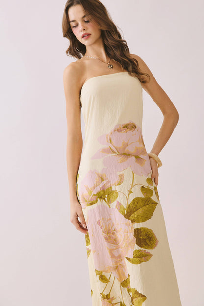 Bold Oversized Floral Print Strapless Maxi Dress