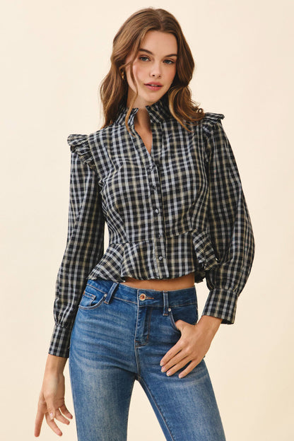 Plaid Button Front Ruffle Accents Peplum Hem Top
