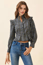 Plaid Button Front Ruffle Accents Peplum Hem Top