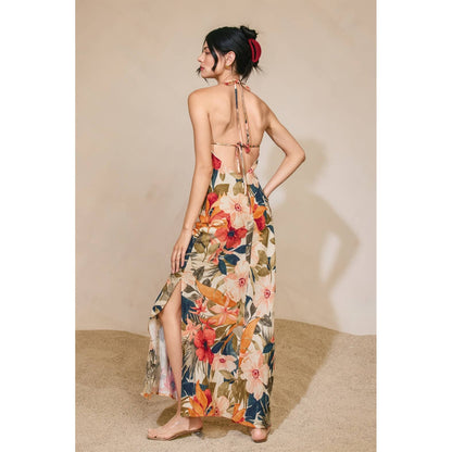 Countryside Bird Halter Neck Open Back Maxi Dress