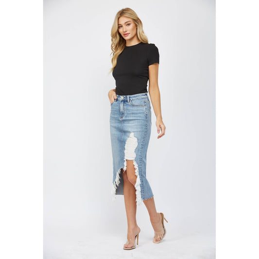 HIGH WAISTED MIDI SKIRT WITH DISTRESSED - The Boho Buckle