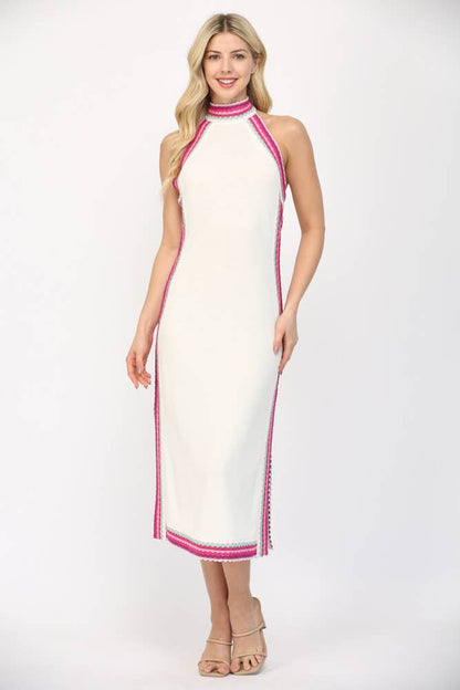 SLEEVELESS HALTER NECK SWEATER MIDI DRESS