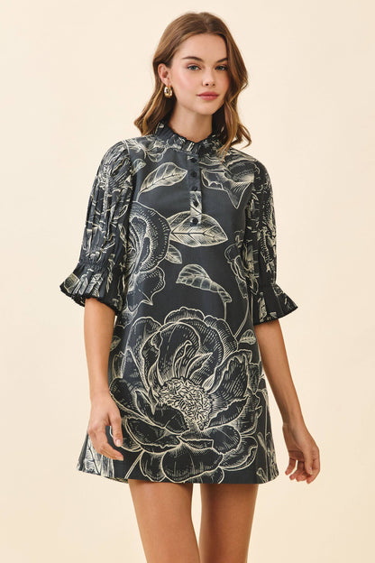 Floral Print High Neck Ruffle Trim Mini Dress