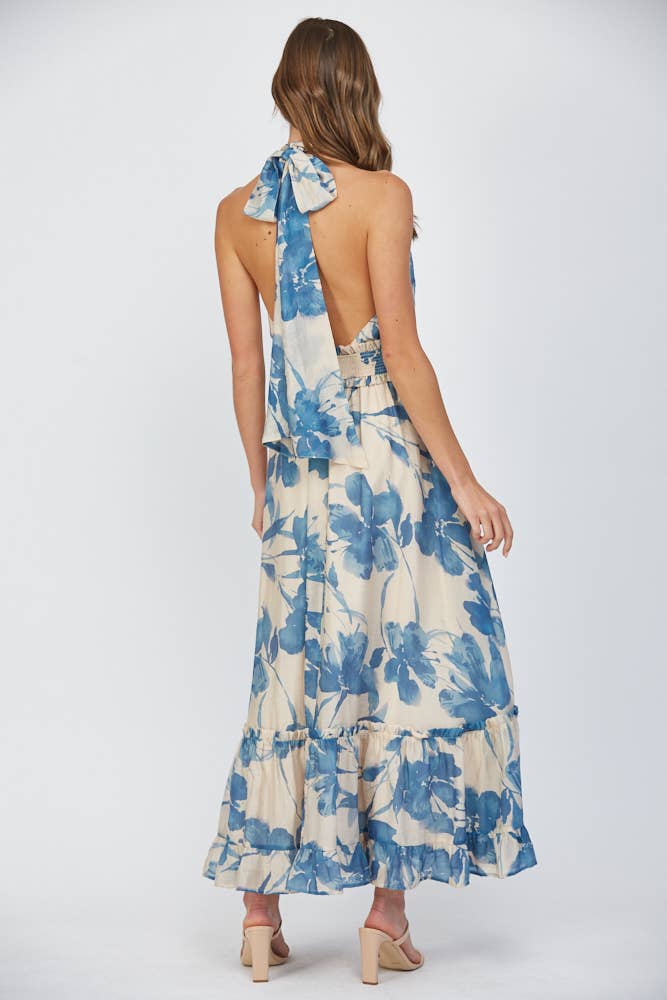 FLORAL PRINT TIE BACK HALTER NECKLINE MAXI DRESS