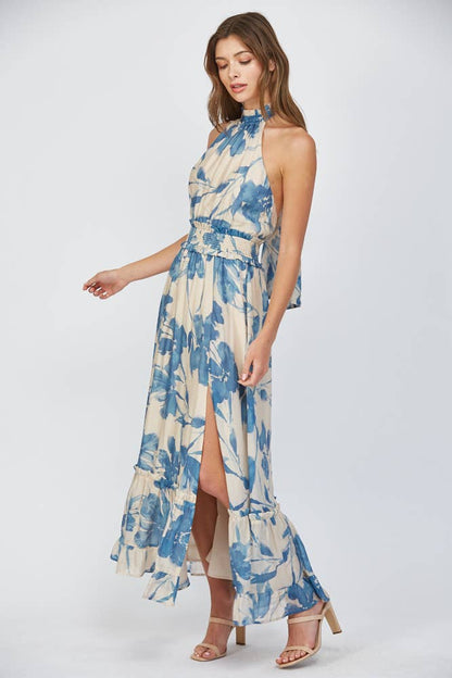FLORAL PRINT TIE BACK HALTER NECKLINE MAXI DRESS