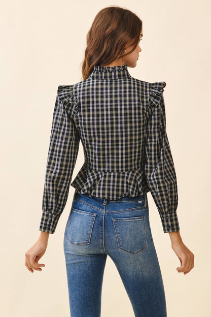 Plaid Button Front Ruffle Accents Peplum Hem Top