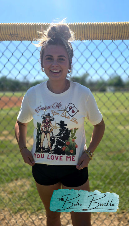 Rhinestone Tee "Excuse Me, You Look Like You Love Me"
