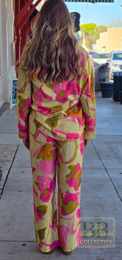 Green floral blouse and pant set