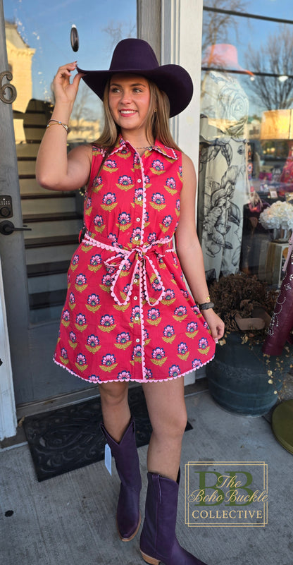 Floral Print Contrast Scalloped Trim Detail Dress