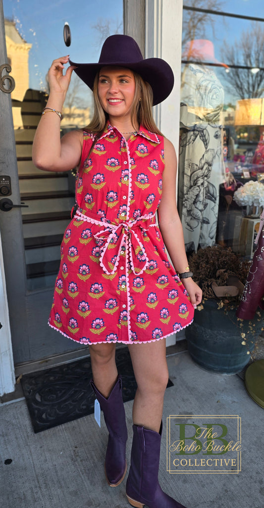 Floral Print Contrast Scalloped Trim Detail Dress