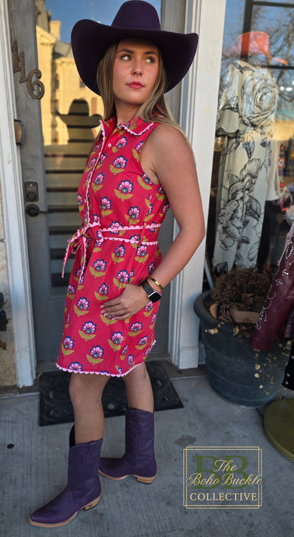 Floral Print Contrast Scalloped Trim Detail Dress