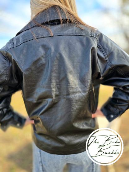 Notch collar biker club faux leather jacket in black
