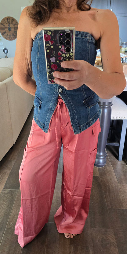 Rose Satin Cargo Pants