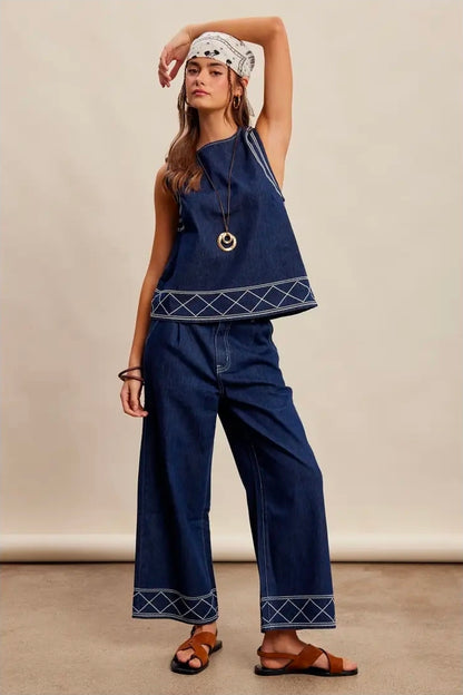 Embroidered Denim Tank & Wide-Leg Pants Set