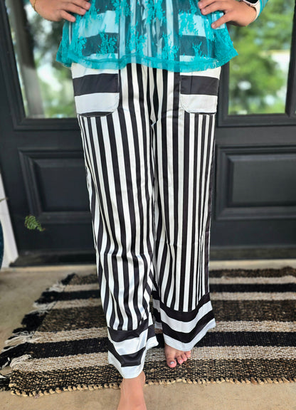 Satin Black and White Striped  Pants