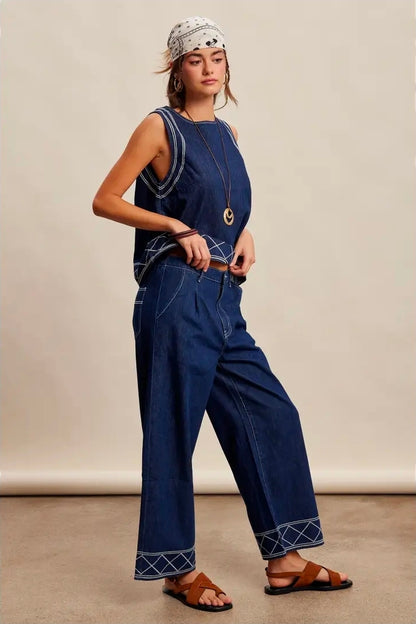 Embroidered Denim Tank & Wide-Leg Pants Set
