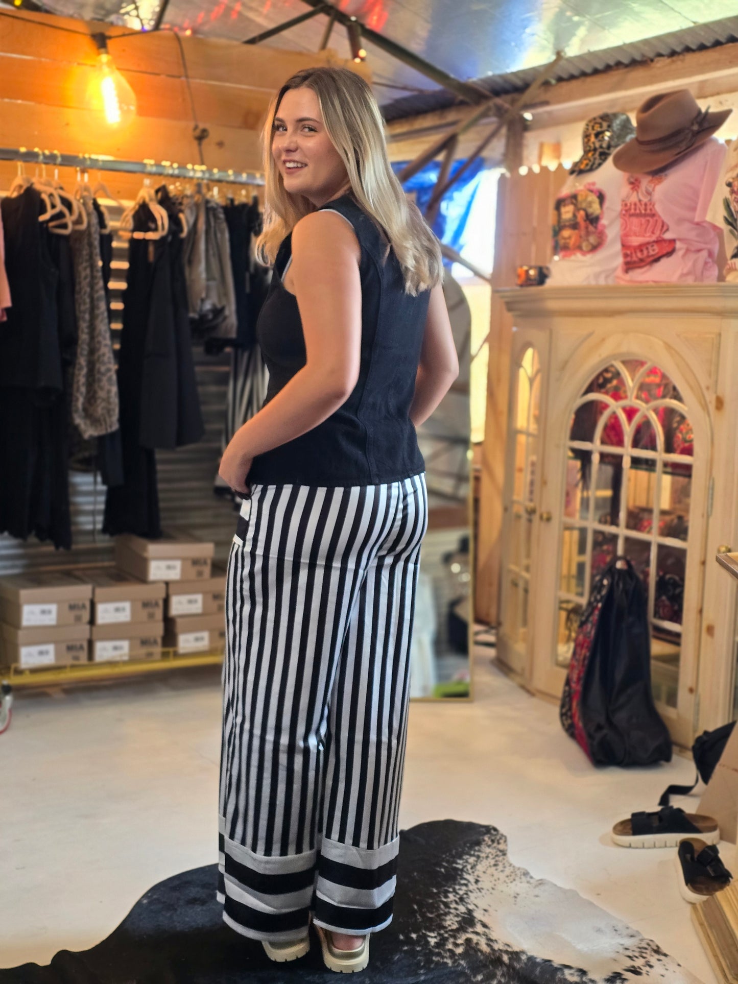 Satin Black and White Striped  Pants