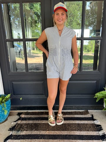 Navy Pinstripe Romper