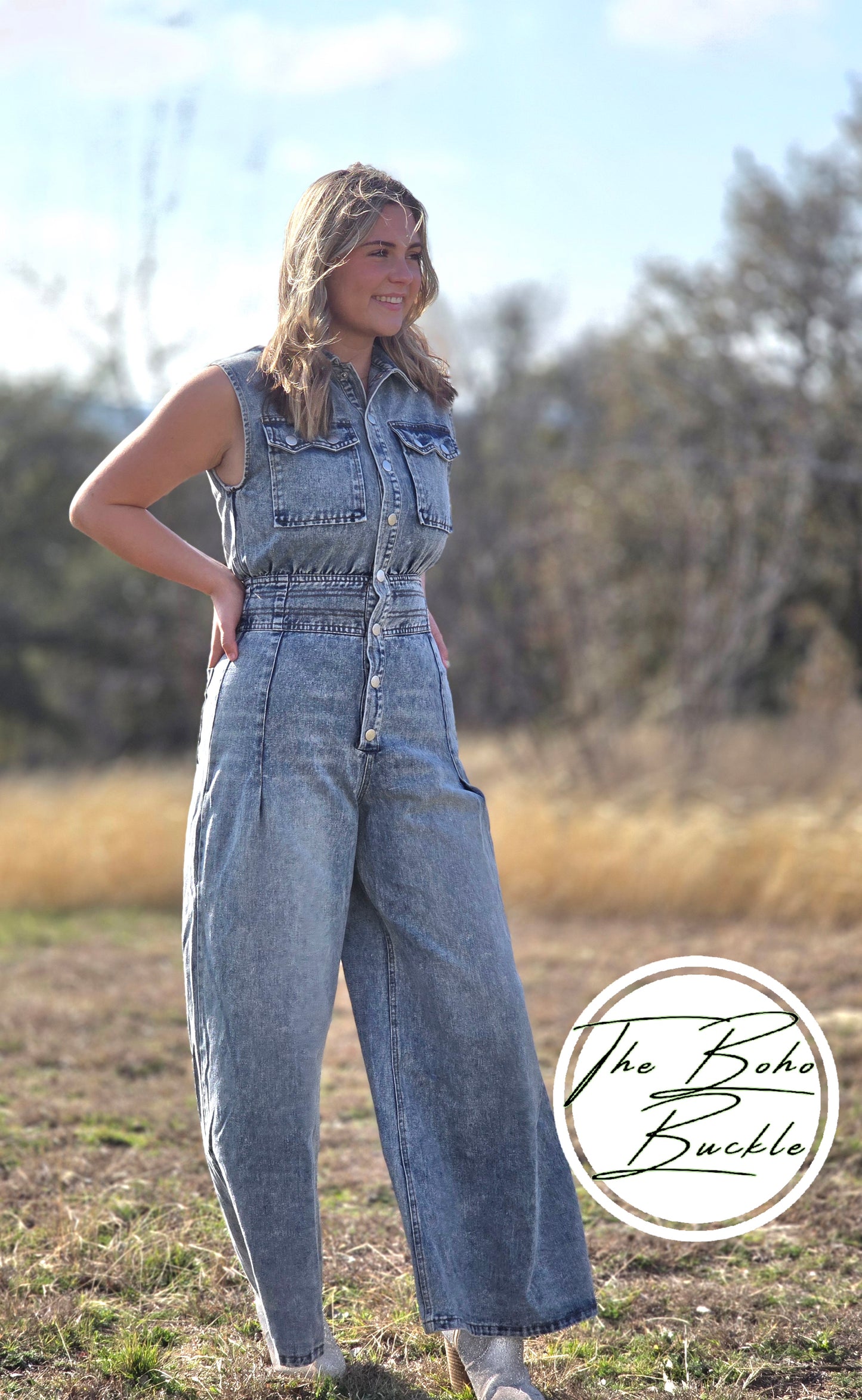 WIDE LEGS WASHED DENIM SLEEVELESS JUMPER