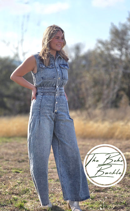 WIDE LEGS WASHED DENIM SLEEVELESS JUMPER