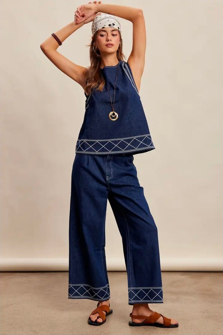 Embroidered Denim Tank & Wide-Leg Pants Set