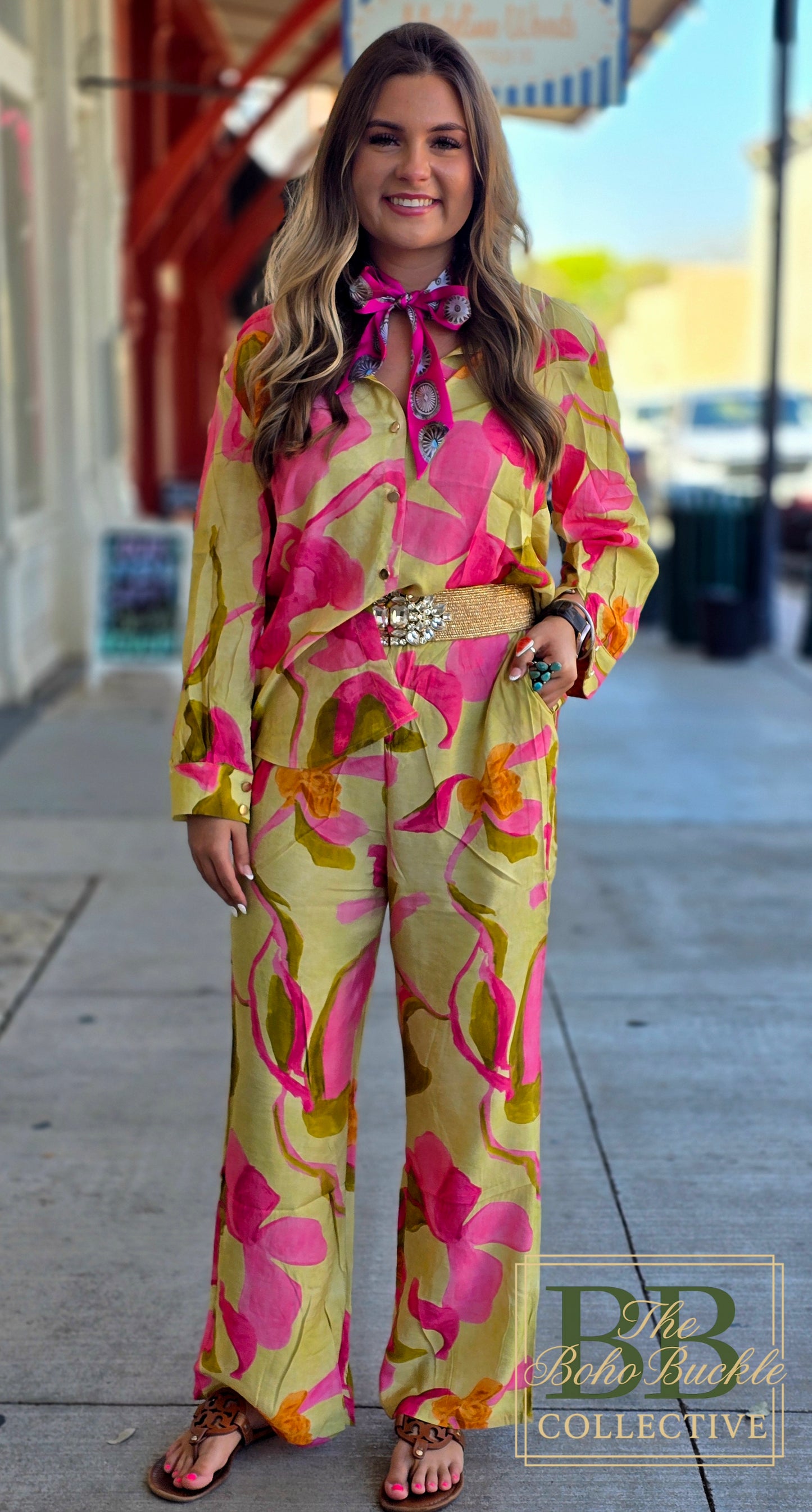 Green floral blouse and pant set