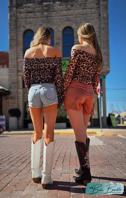 Off-Shoulder Leopard-Print Sexy Mesh Top
