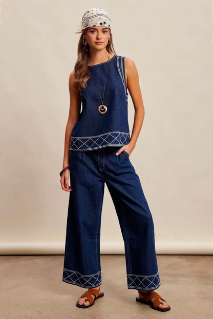 Embroidered Denim Tank & Wide-Leg Pants Set